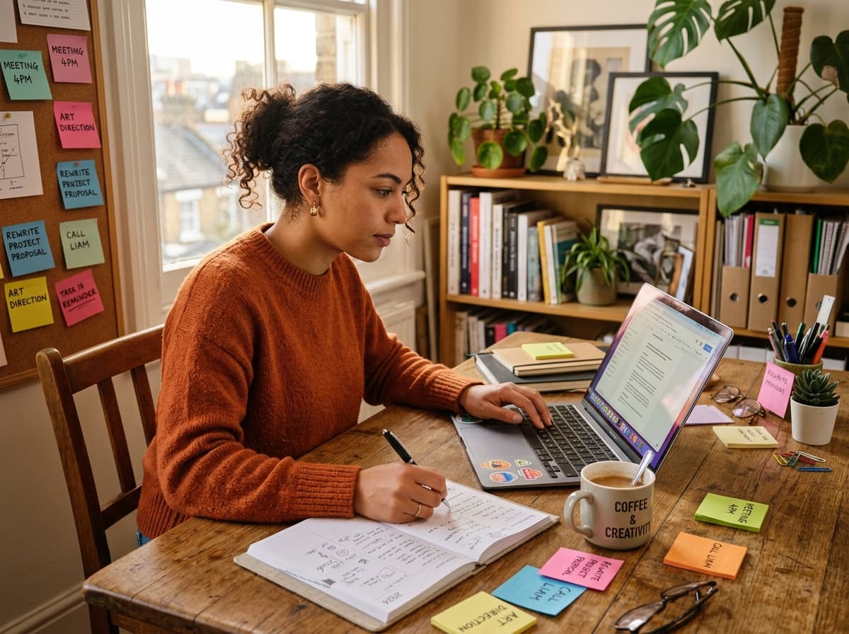 A mixed-ethnicity woman focused at a creative wooden desk with sticky notes, planner, and laptop in warm afternoon light