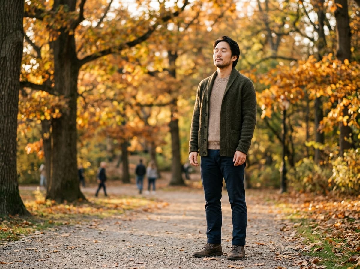 An East Asian man standing outdoors taking a slow deep breath in a peaceful park in soft autumn afternoon light