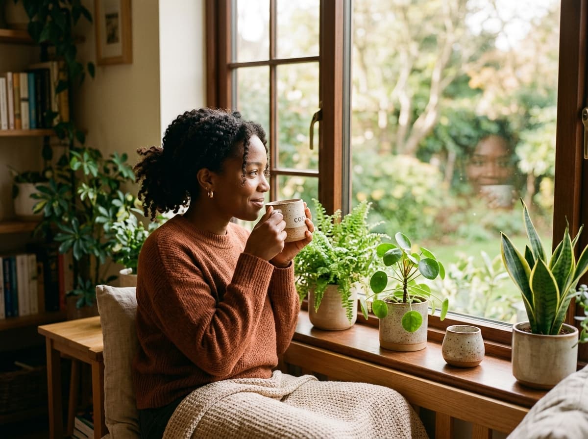 A Black woman sitting at a sunlit window with a warm mug, looking out peacefully and contemplatively in soft morning light