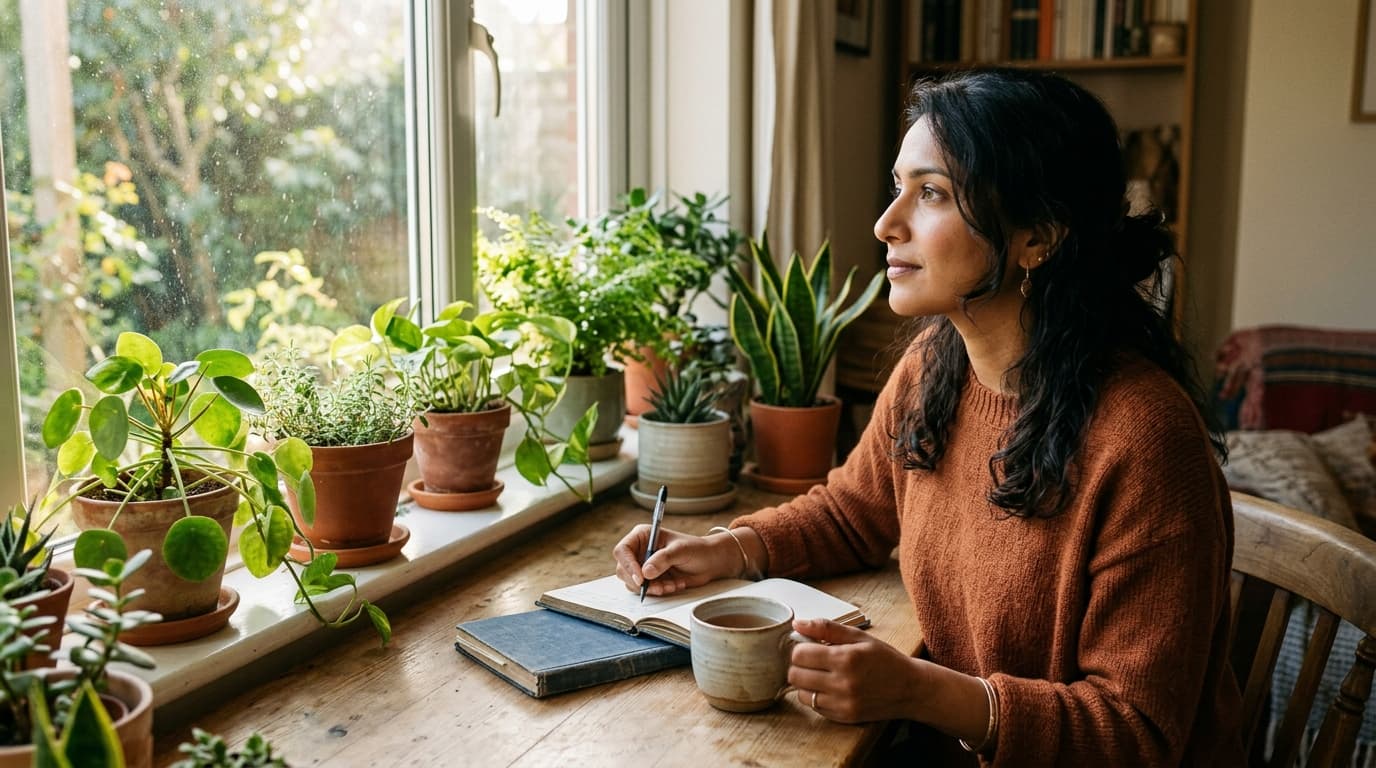 A South Asian woman journaling at a sunlit window with a mug of tea, reflective and calm