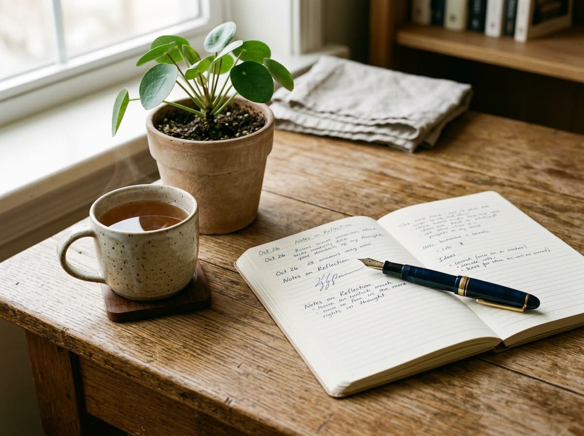A still life of an open notebook, fountain pen, small plant, and ceramic mug on a wooden desk in soft daylight