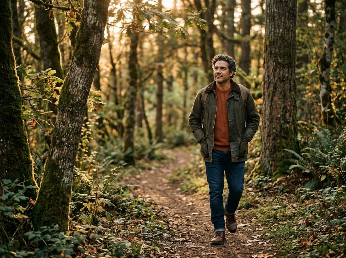 A Hispanic person walking on a peaceful forest path at golden hour, calm and grounded with hands in jacket pockets