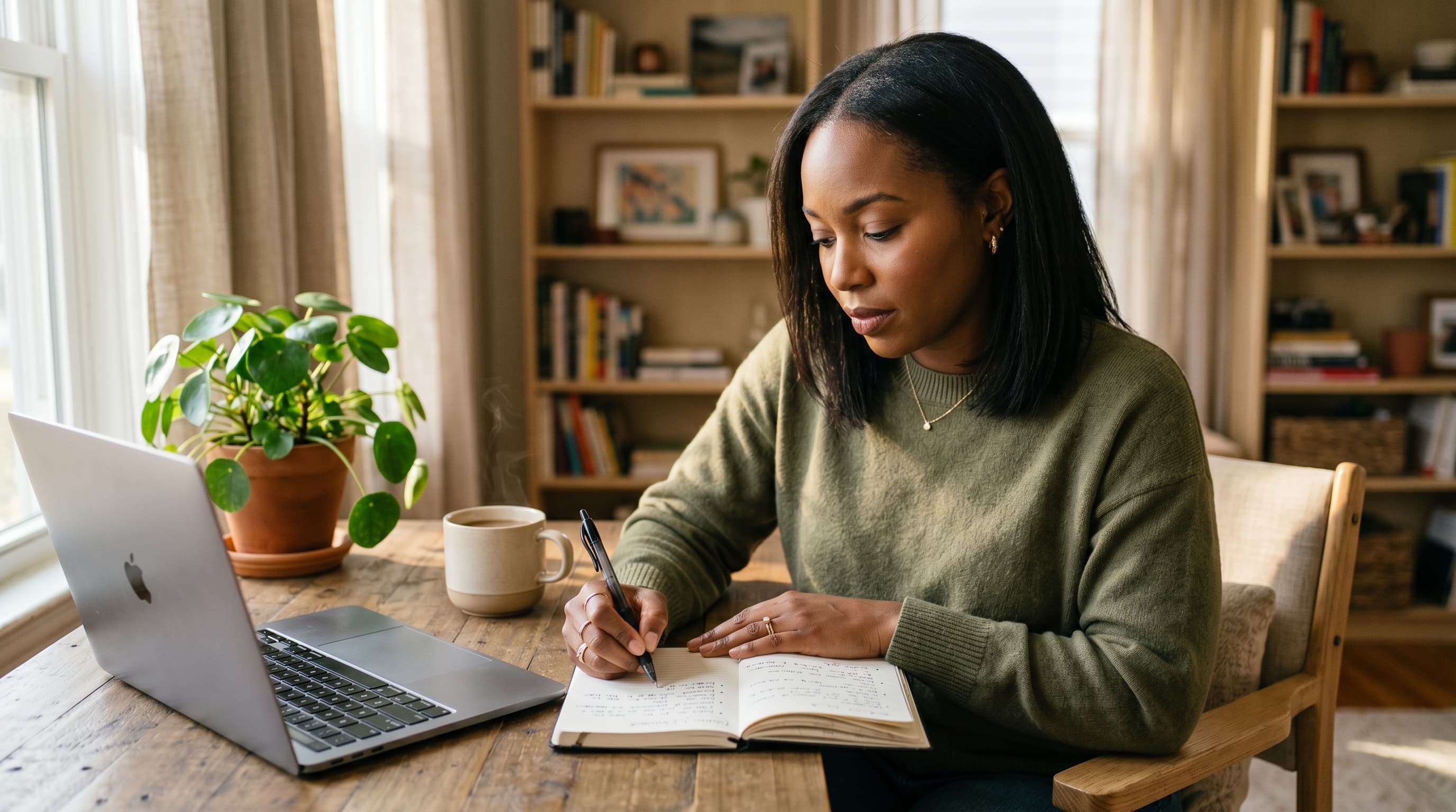 A Black woman planning intentionally at her home office desk with a notebook and laptop, focused and forward-looking