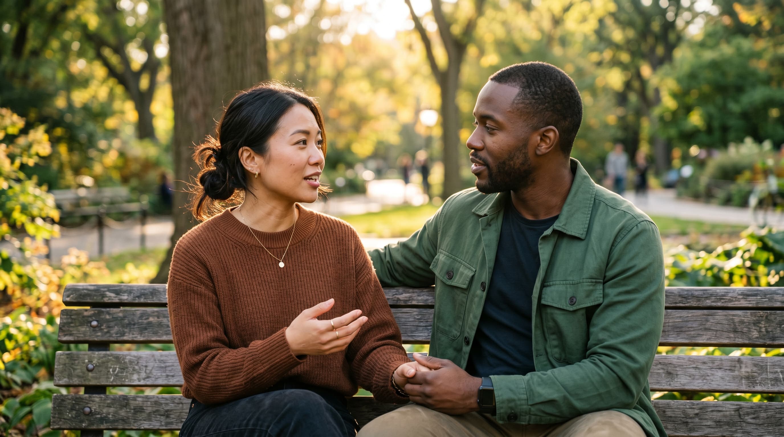 An interracial couple sitting close on a park bench having an engaged warm conversation, autumn afternoon light