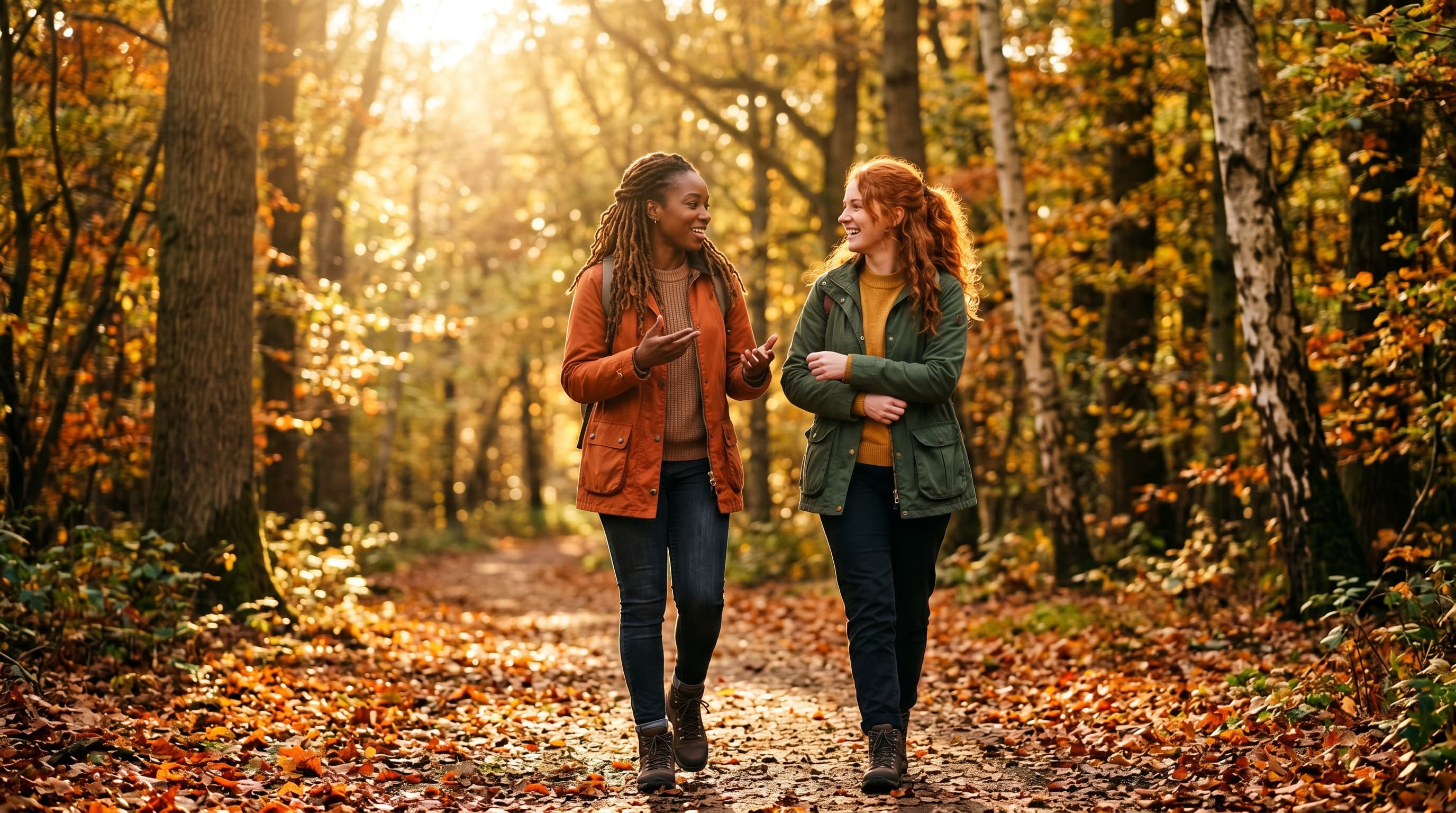 A couple walking and talking on an autumn forest path in warm afternoon light