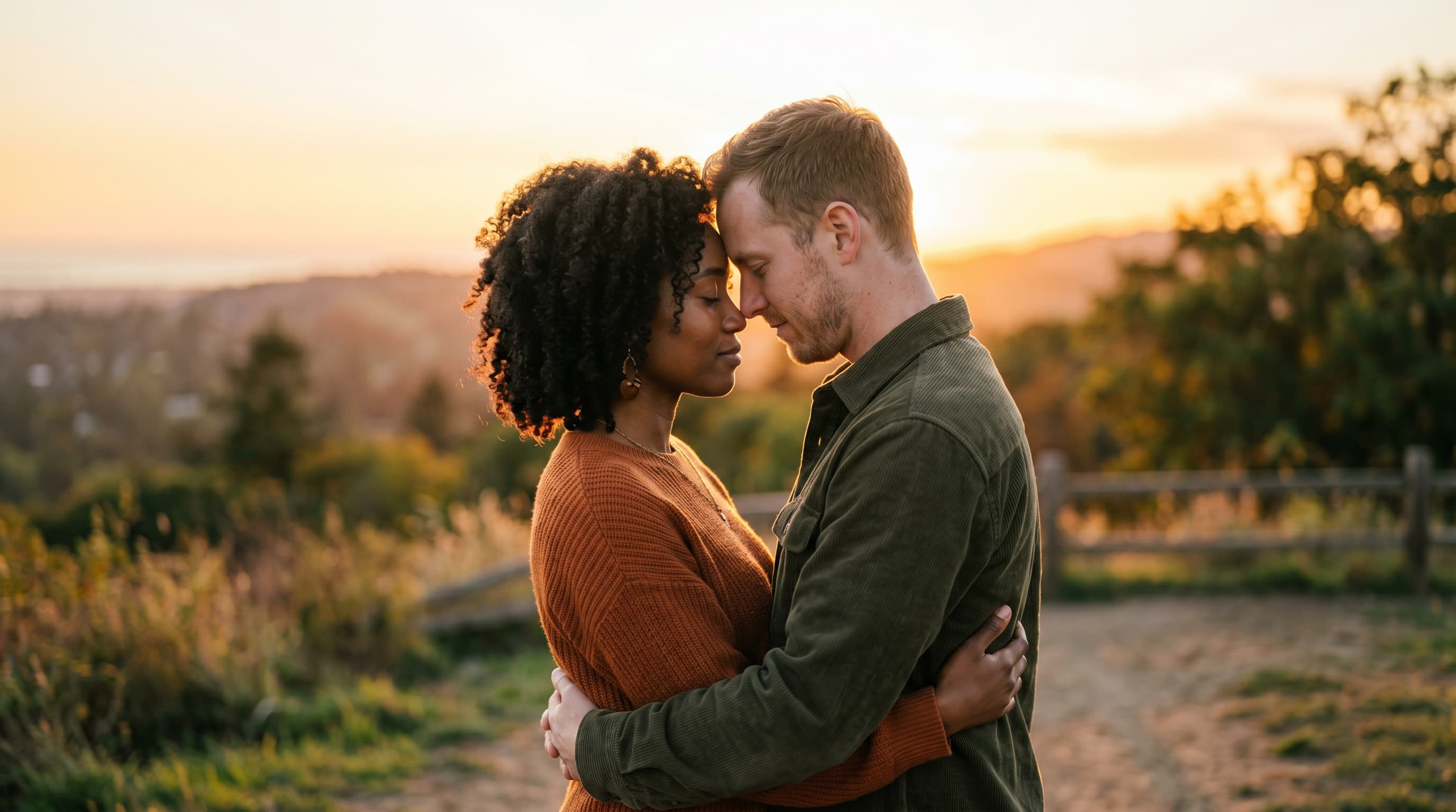 A diverse couple embracing forehead-to-forehead at golden hour, warm sunset light behind them