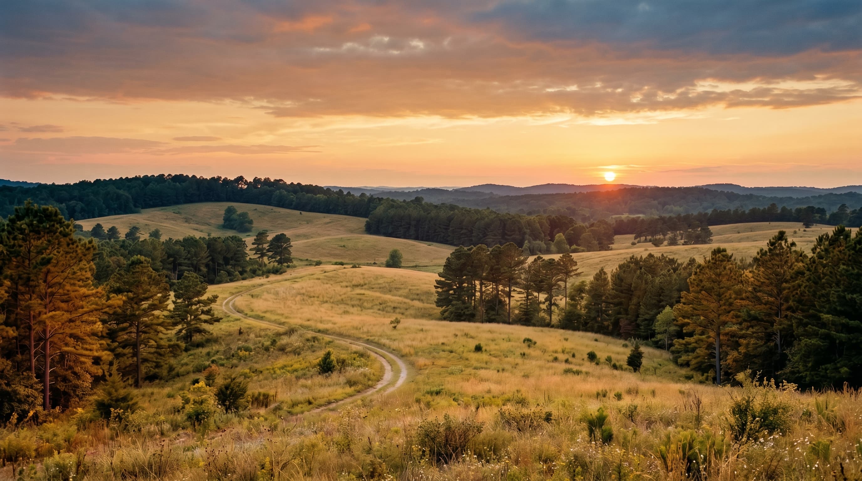 Wide Georgia landscape of gentle rolling hills with pine trees at warm sunset, expansive and peaceful