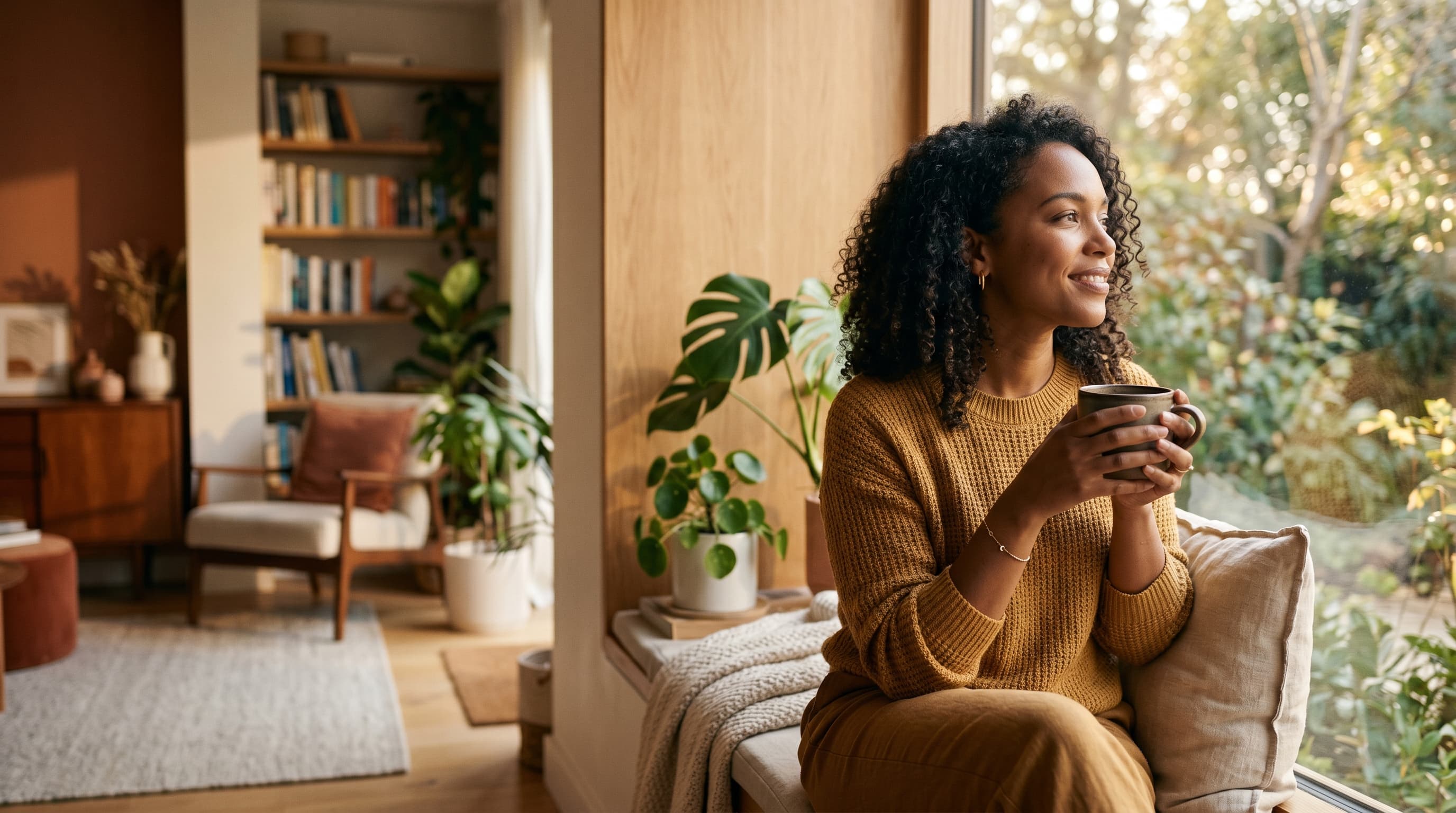 A Black woman in a cozy modern living room sitting at the window with a mug of coffee, looking out peacefully