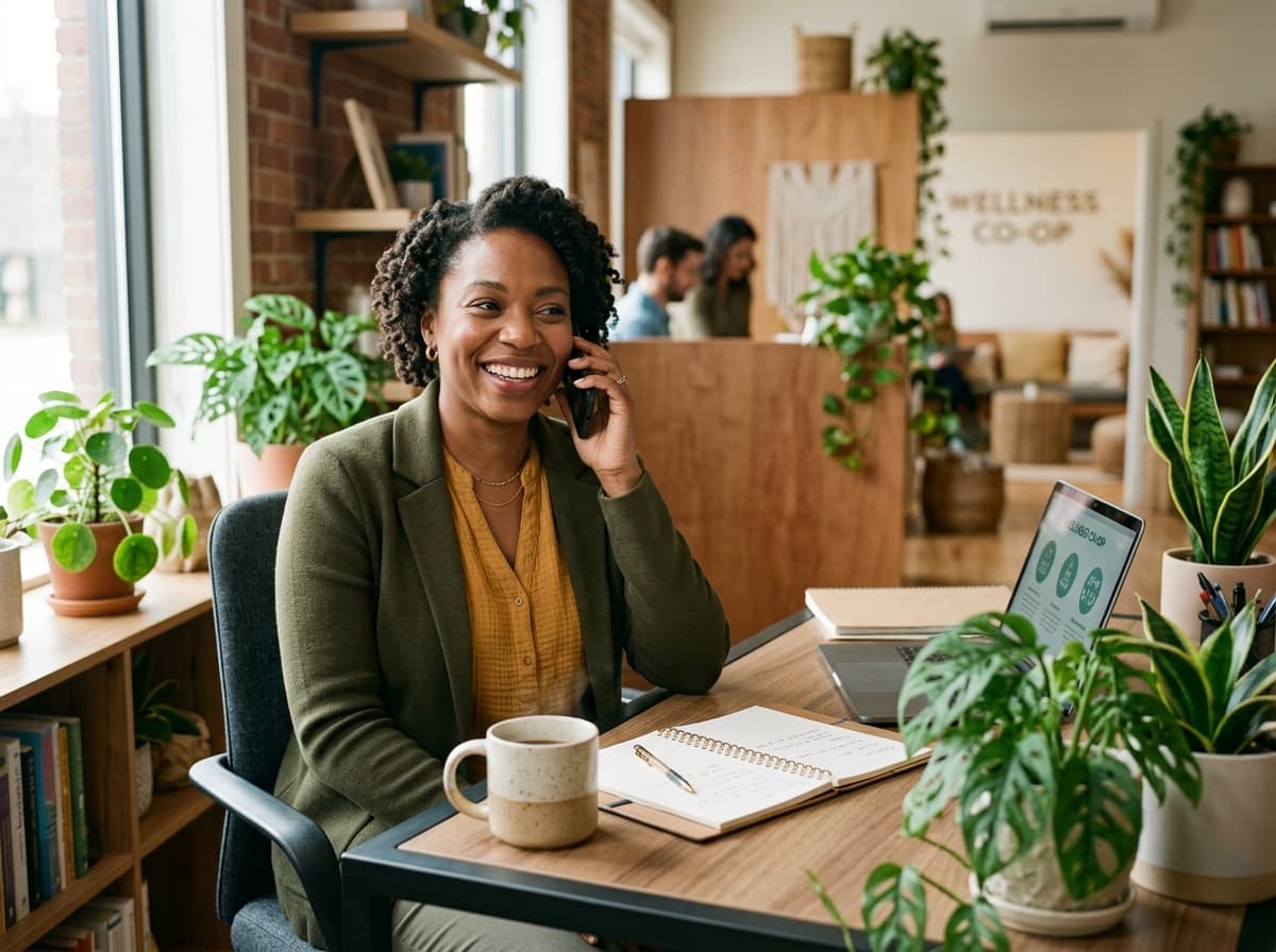 A warm African American care coordinator smiling on a phone call at her desk in a modern wellness office