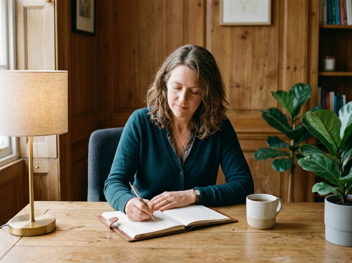 A licensed therapist taking handwritten notes at a calm wooden desk with a plant and mug of tea