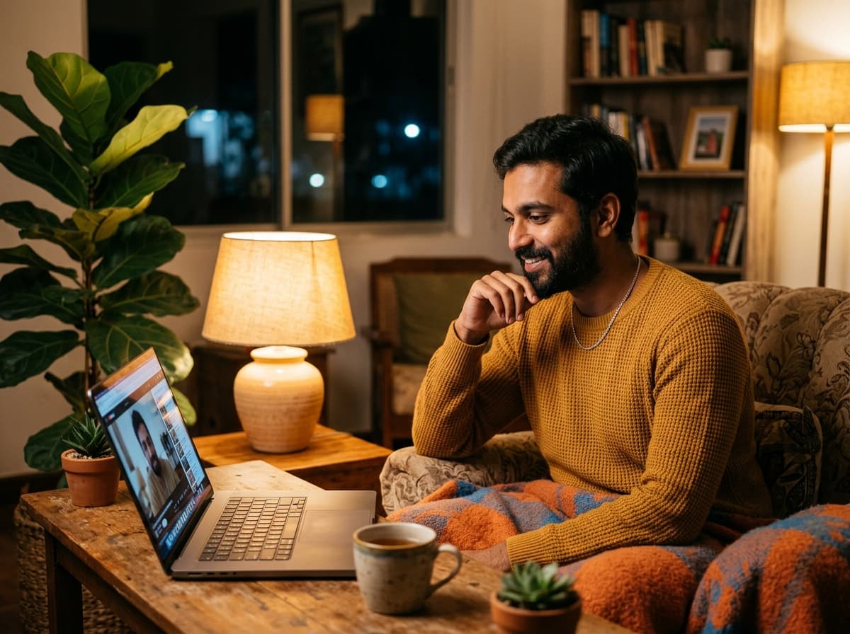 A South Asian man in a cozy living room having an evening video therapy session by warm lamp light