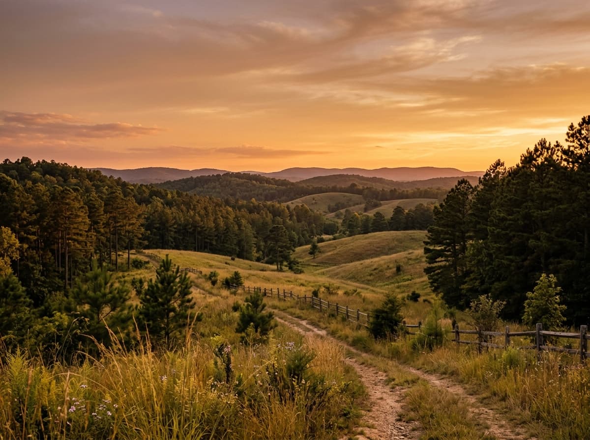 A peaceful Georgia landscape of rolling hills with pine trees at warm golden hour