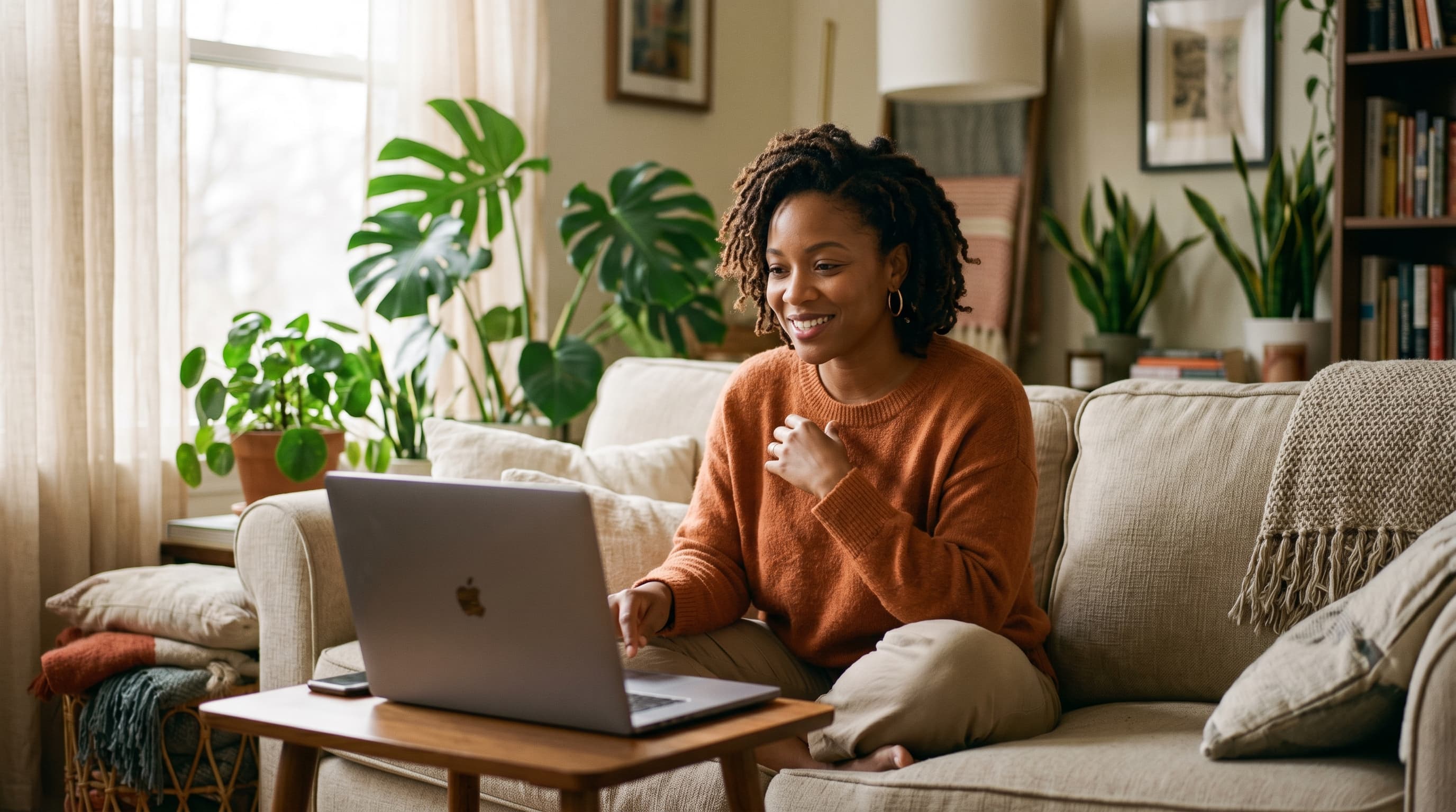 An African American woman on a video therapy session on her laptop, expressing being heard with a soft engaged smile