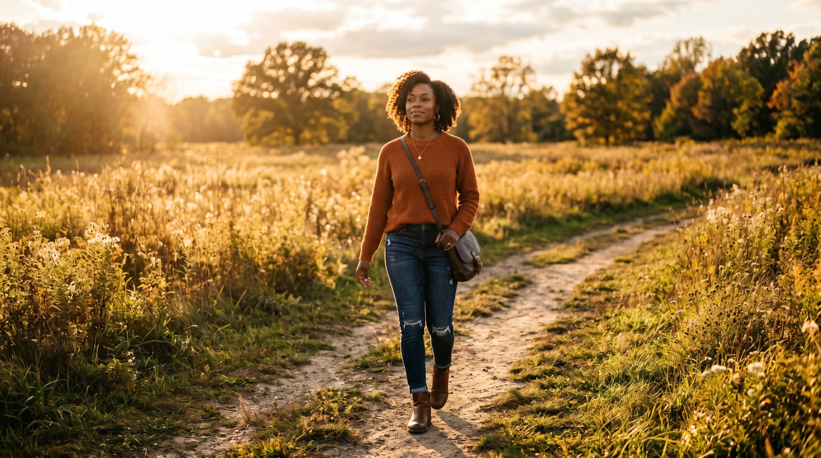 A Black woman walking forward on a sun-dappled path through an open meadow, hopeful and forward-looking