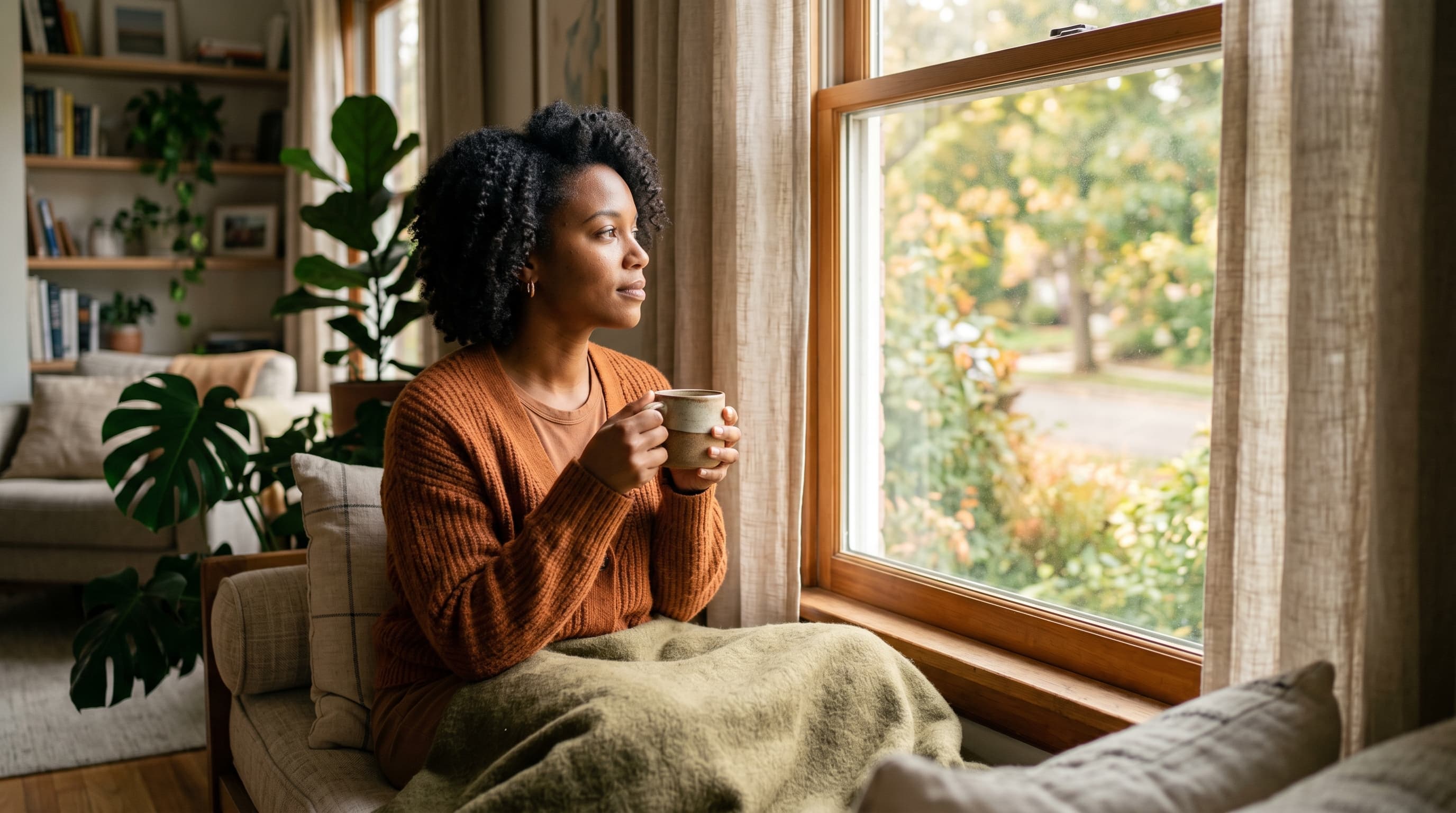 A Black woman in her 30s sitting peacefully at a window with a mug of coffee, soft morning light