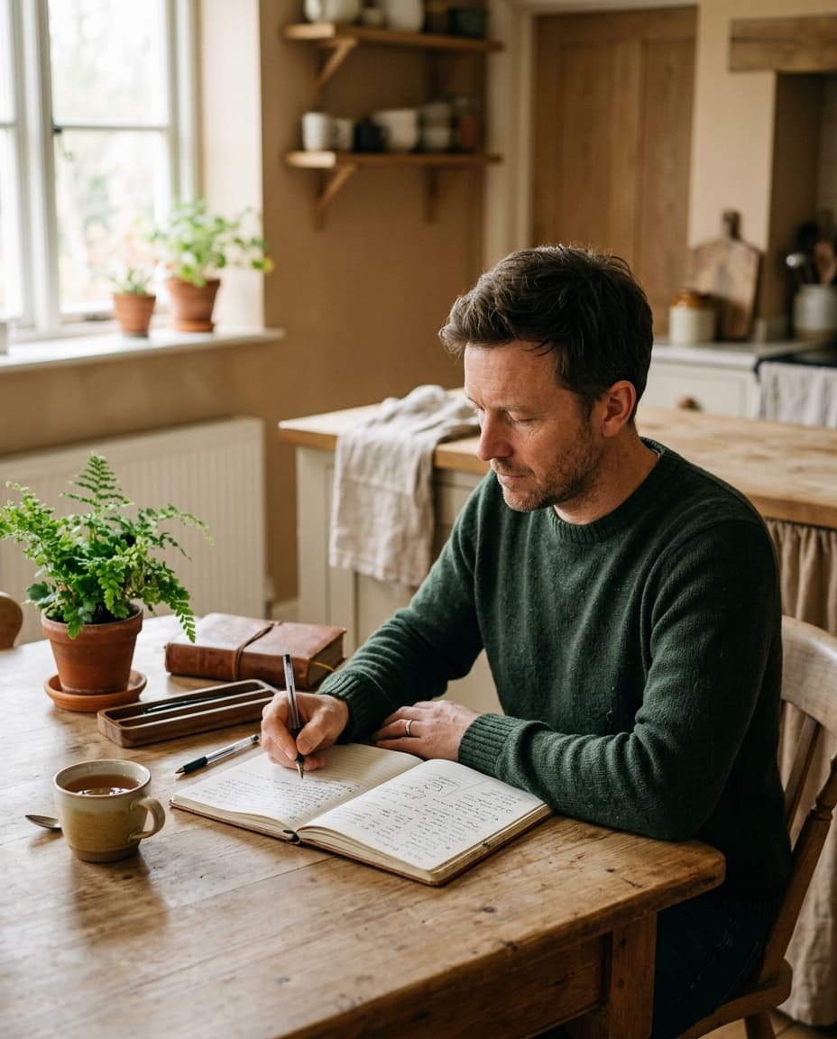 A man journaling at a kitchen table with a mug of tea, soft natural daylight