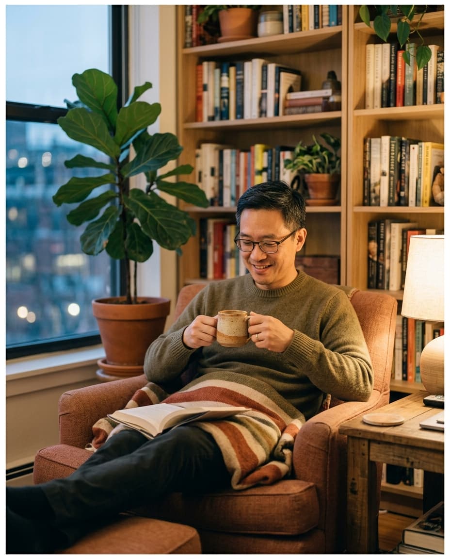 An East Asian man sitting peacefully in a comfortable armchair holding a warm mug, content and at ease