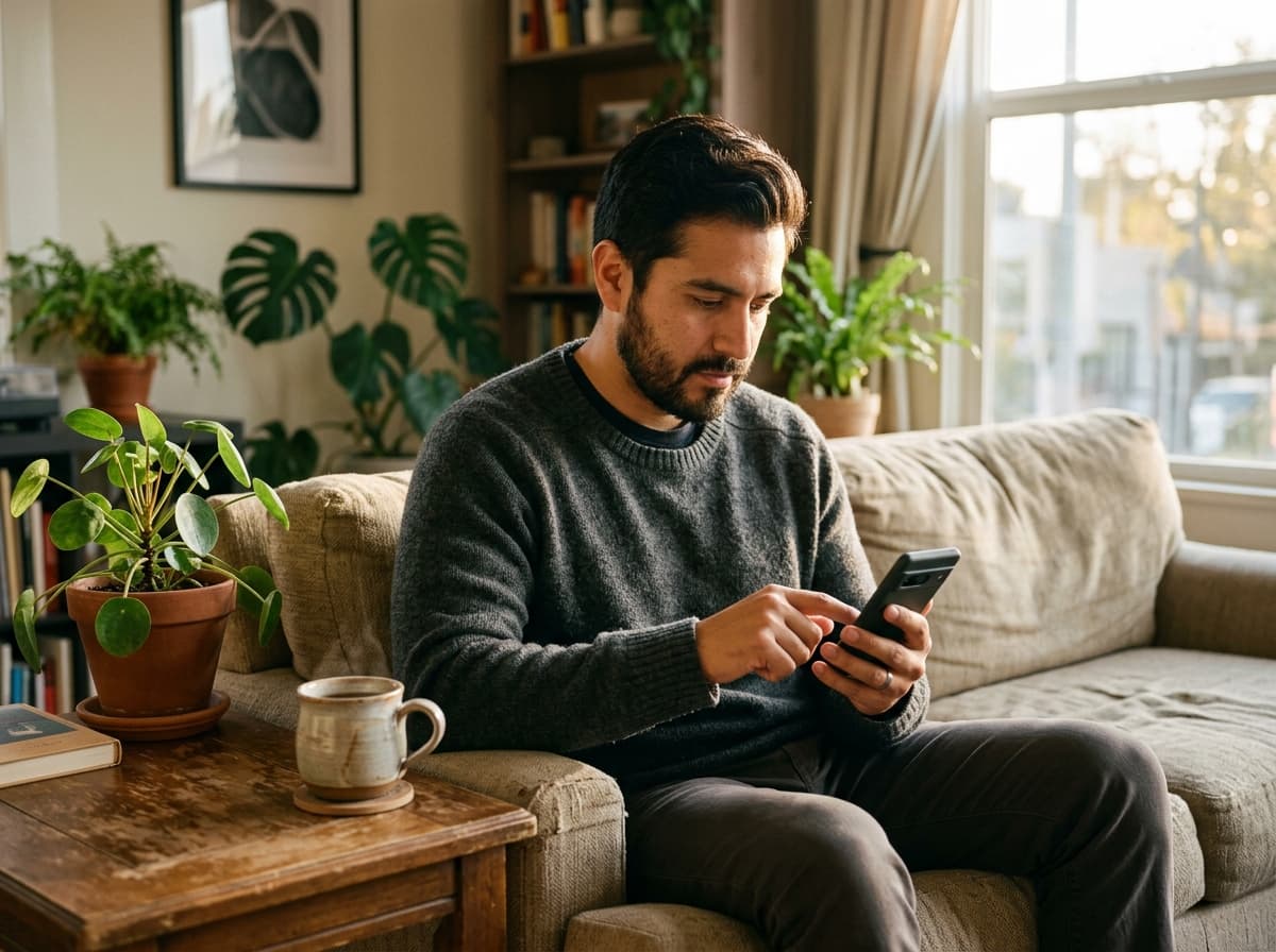 A Latino man sitting on a couch filling out an intake form on his phone, focused and calm