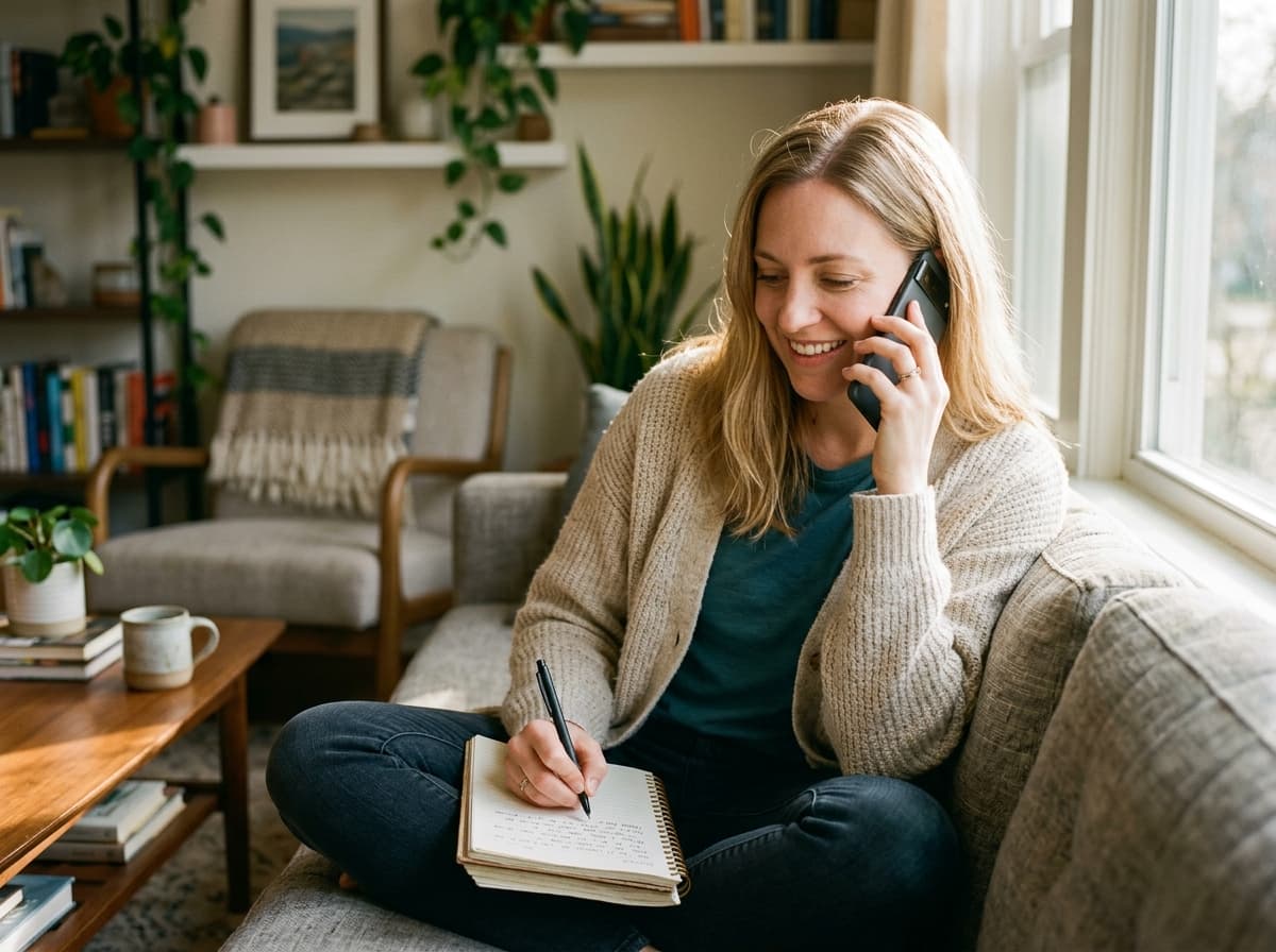 A woman on a phone call at home, taking notes in a notebook on her lap, attentive and pleasant