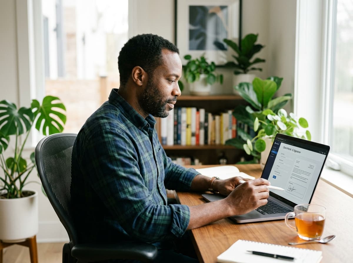 A Black man at a desk on his laptop signing documents in a client portal, focused and calm