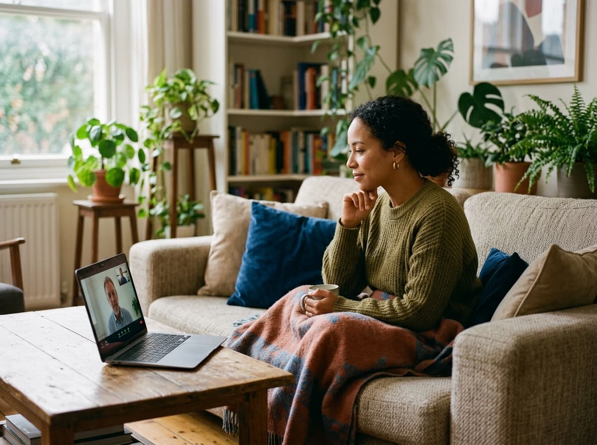 A mixed-ethnicity woman comfortable on her couch having her first video therapy session on her laptop
