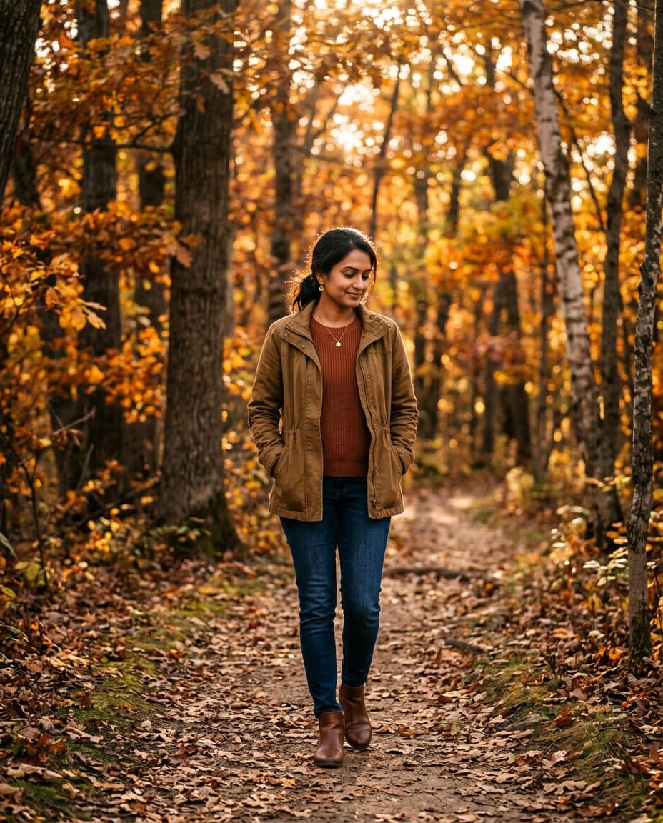 A South Asian woman walking thoughtfully on a wooded autumn path, hands in jacket pockets