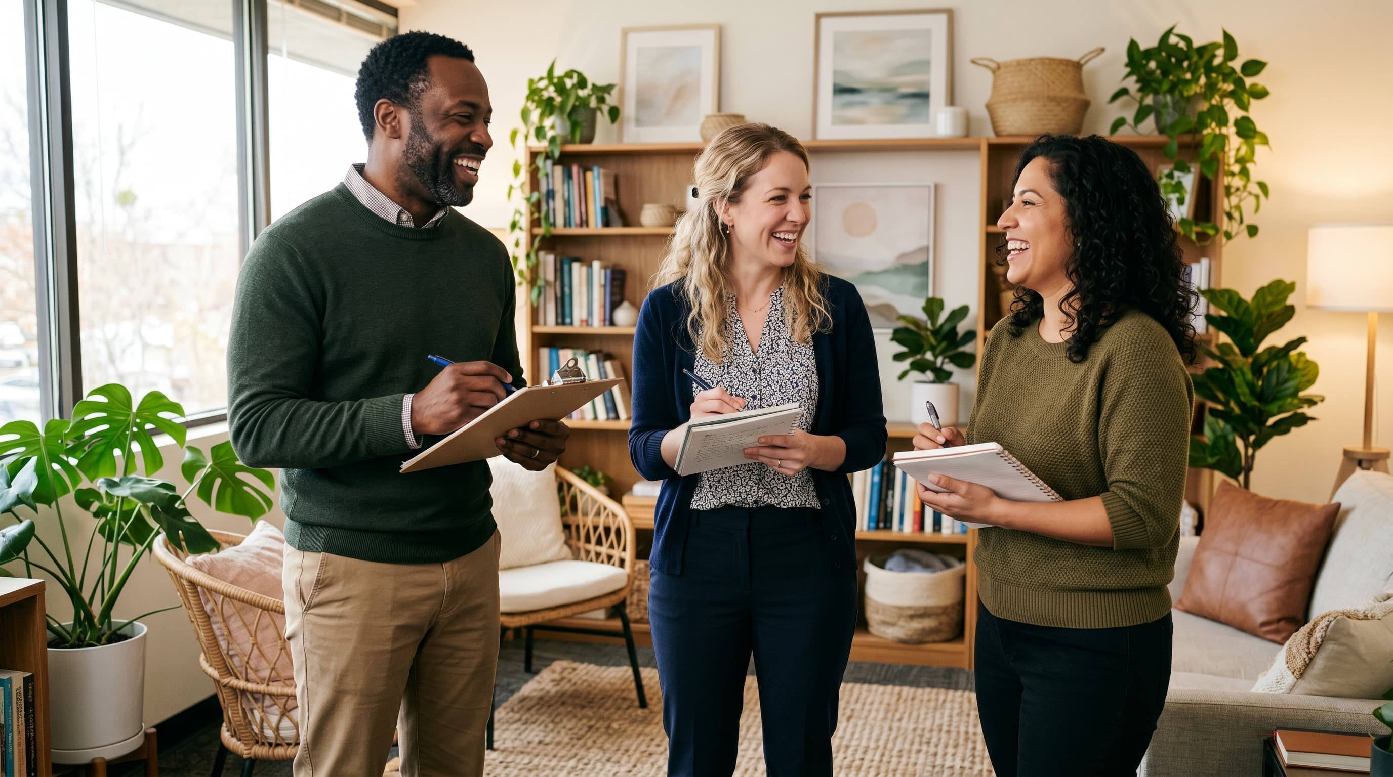 Three diverse therapists standing together in conversation in a warm modern wellness office space, mid-laugh