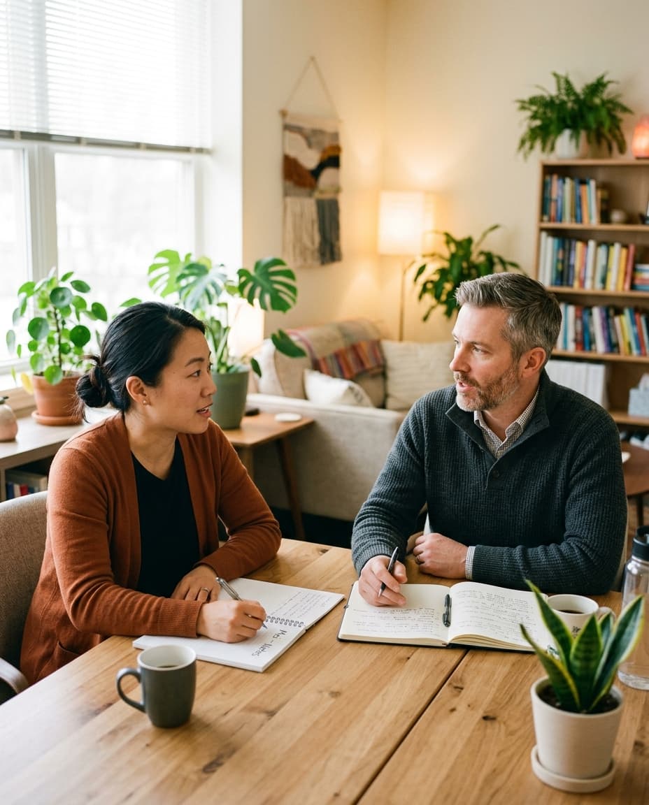 Two diverse therapists at a conference table having a clinical supervision conversation