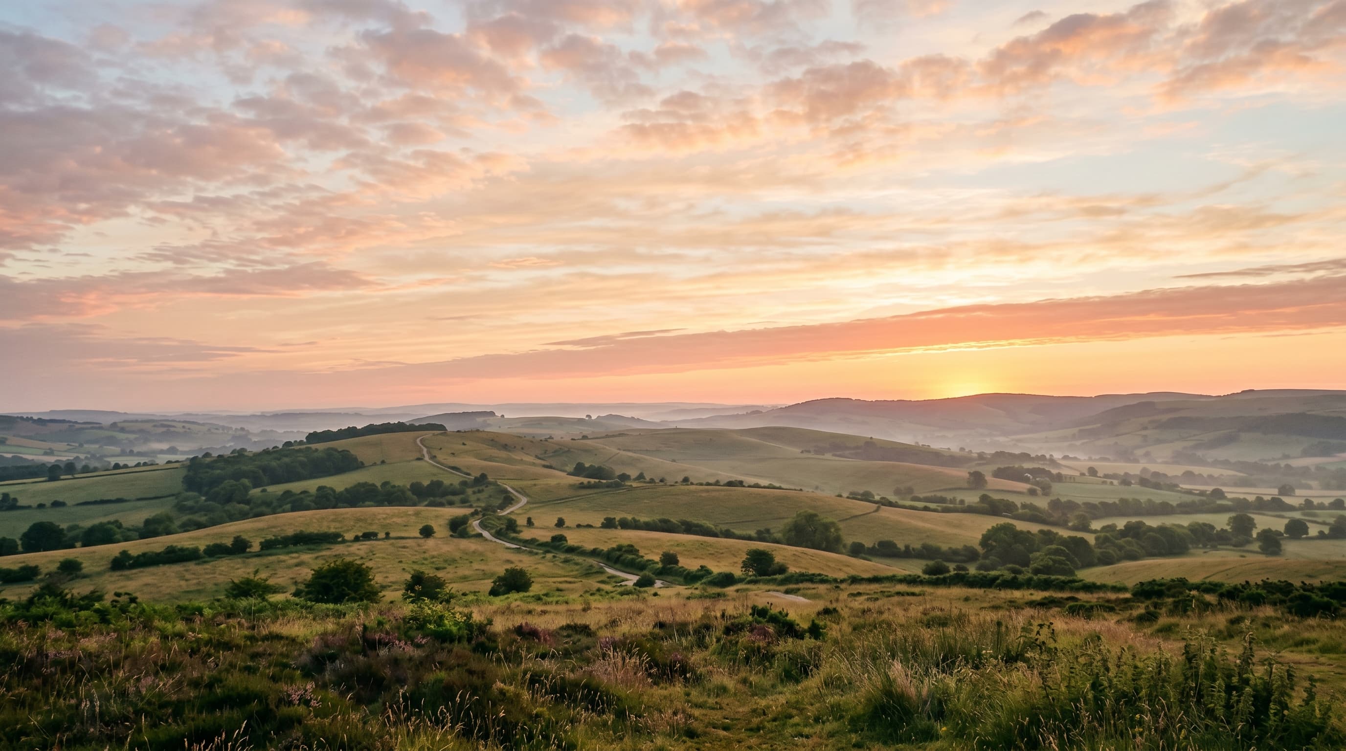 A wide cinematic horizon view of soft pink and amber dawn sky over peaceful rolling hills