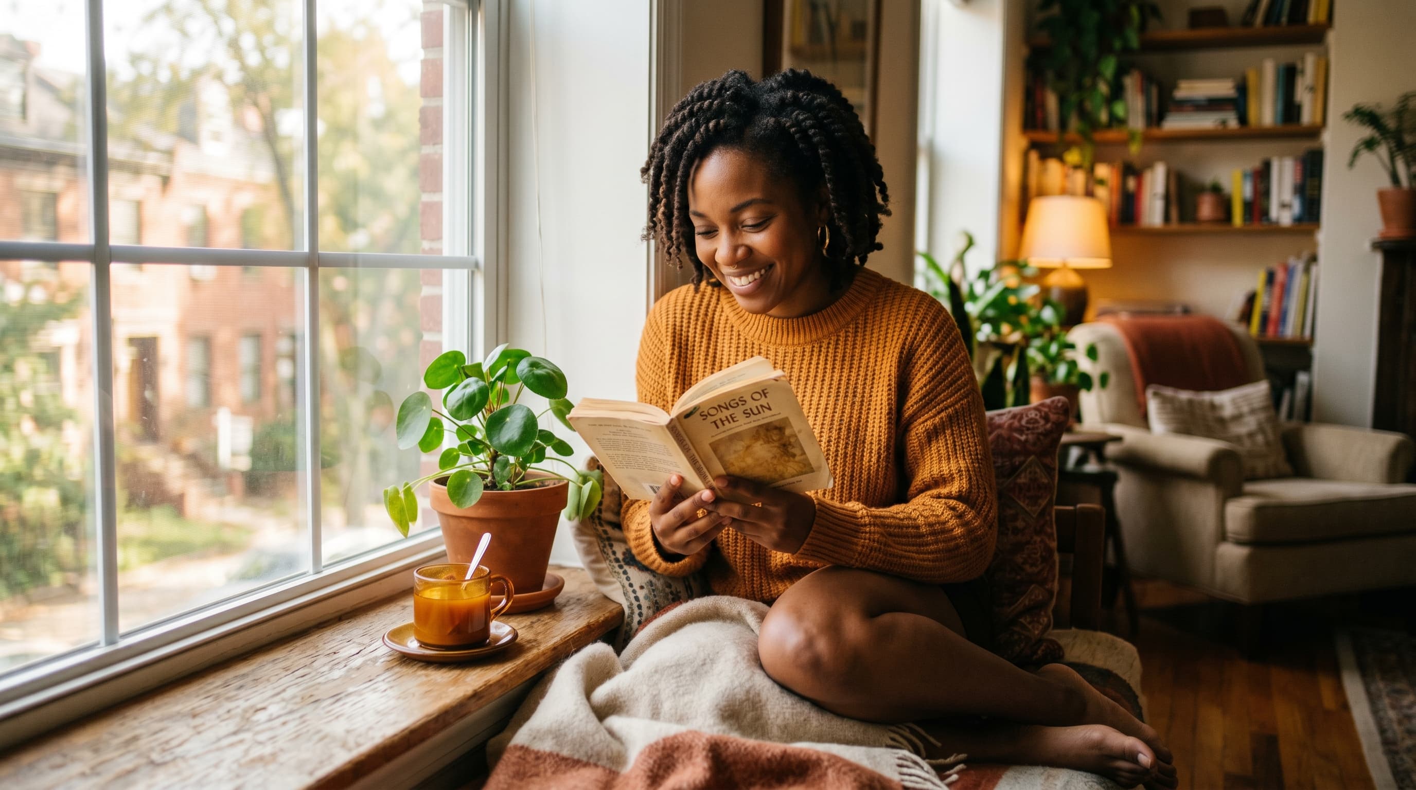 A Black woman reading a small book at a sunlit window, mug of tea on the windowsill