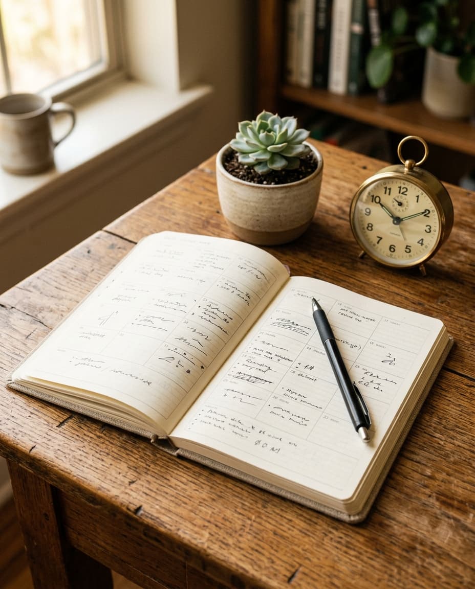 A close-up of a calendar planner with a pen, a small clock, and a plant on a wooden desk in warm natural light
