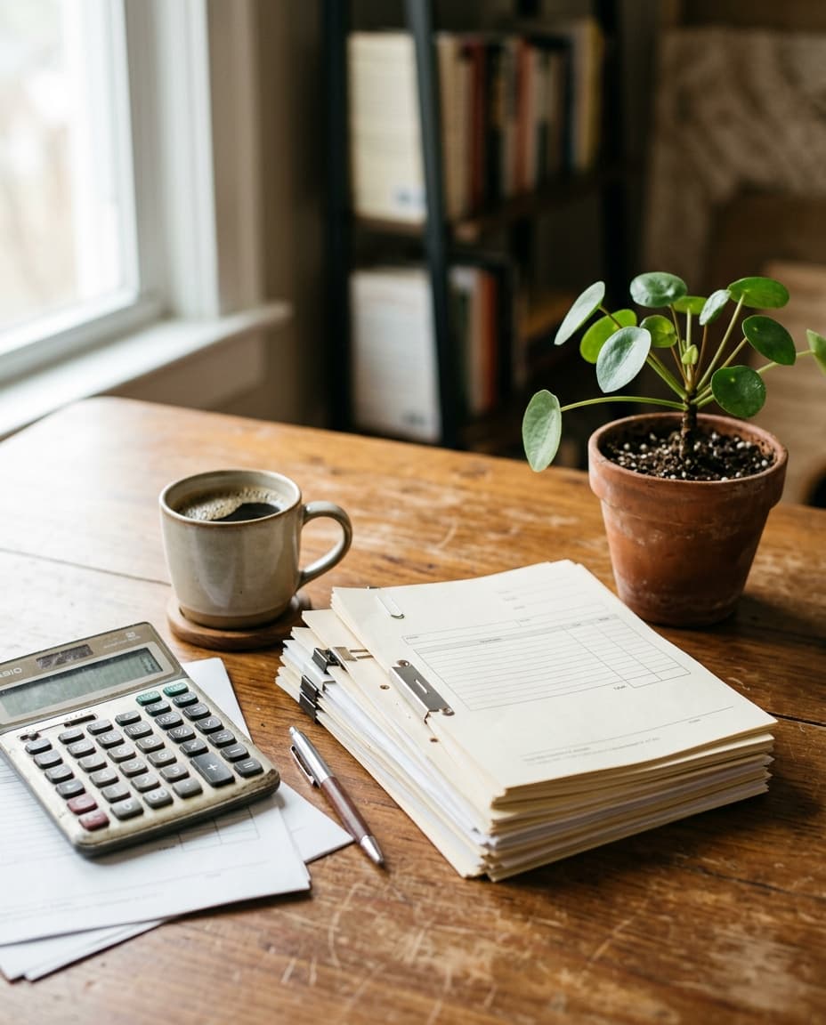 A close-up of organized financial paperwork, calculator, mug of coffee, and a plant on a wooden desk in soft natural light