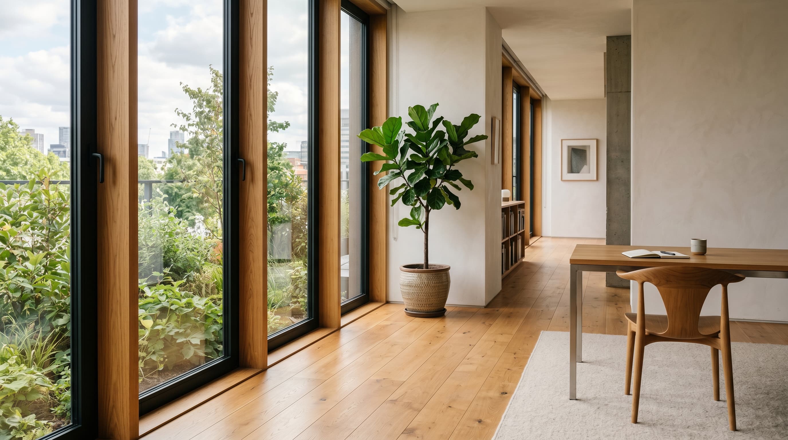 Tall windows in a calm modern office space with a warm wooden floor and a plant — soft architectural daylight