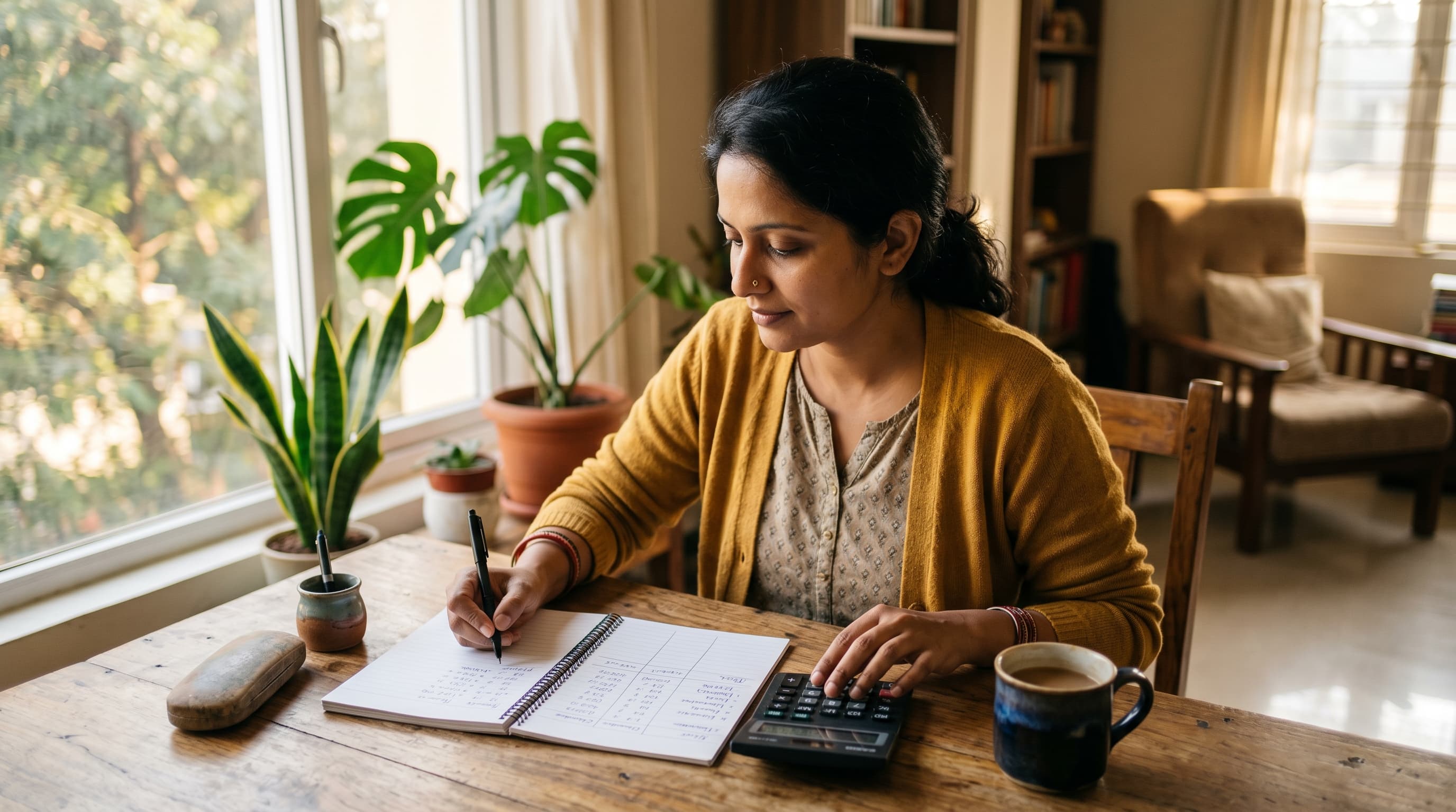 A South Asian woman calmly working out a household budget at a wooden table with notebook and coffee, soft afternoon light