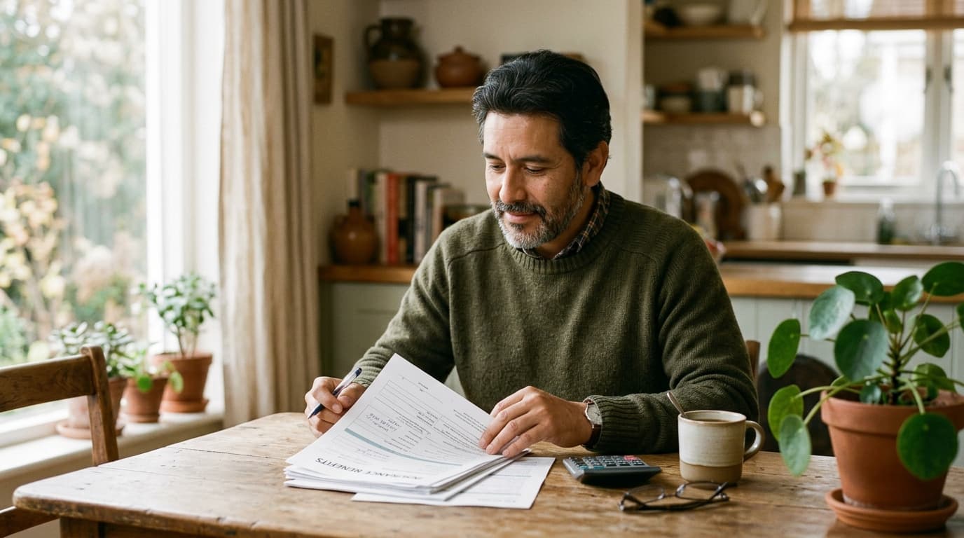 A Latino man at a kitchen table reviewing insurance benefits paperwork calmly with coffee and a plant