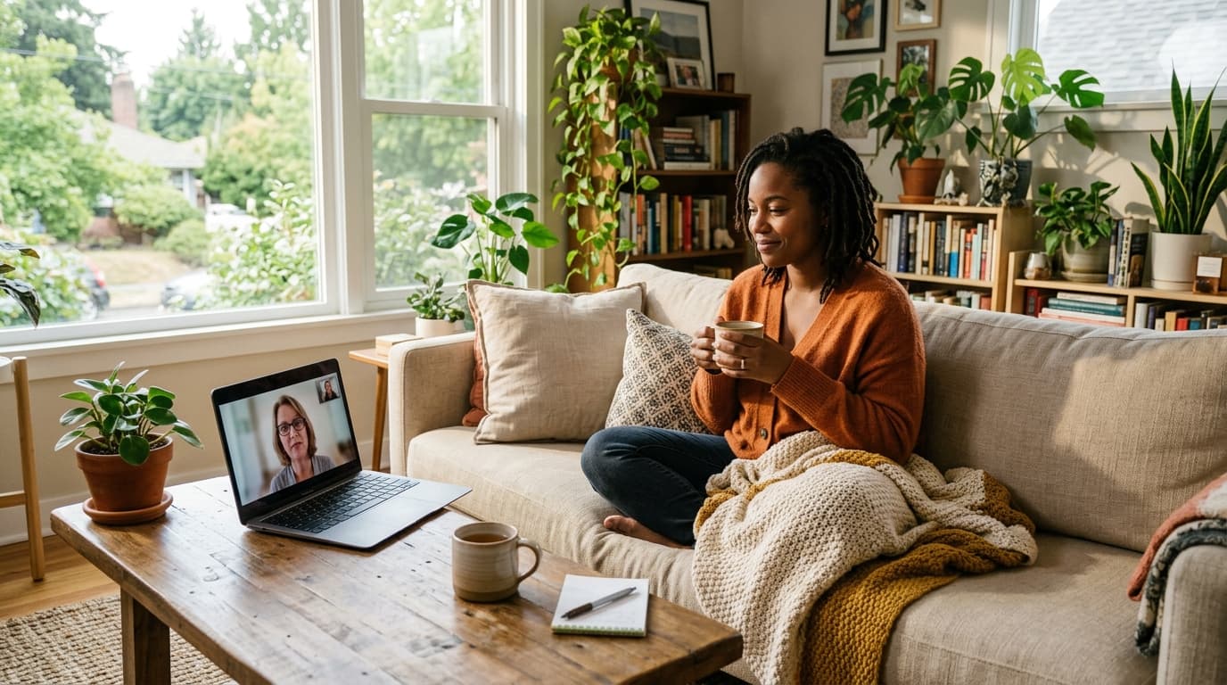 A Black woman content on her couch with a mug of tea, having a regular weekly video therapy session on her laptop