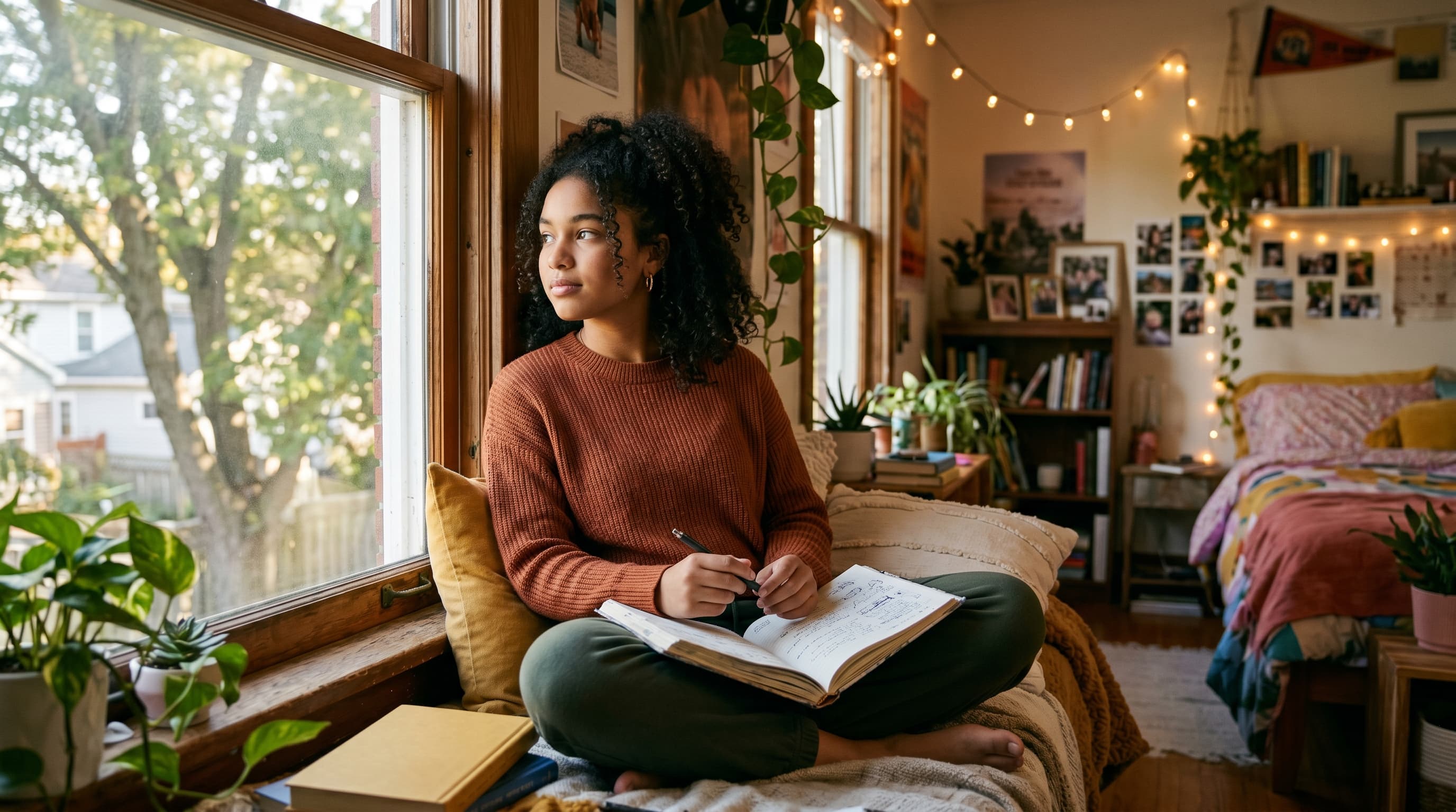 A mixed-ethnicity teenage girl sitting on her bedroom windowsill with a journal, soft warm afternoon light