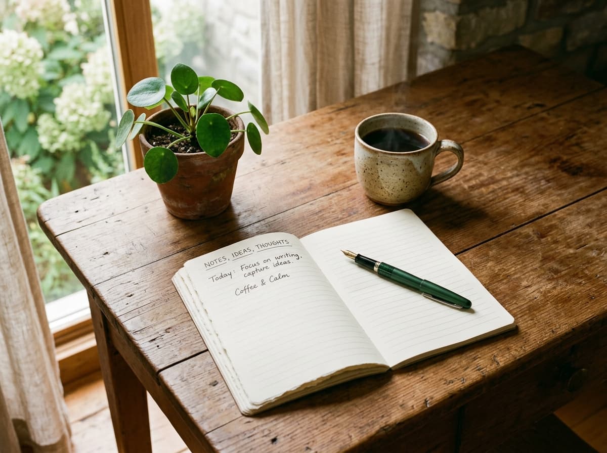 A welcoming wooden desk with an open notebook, fountain pen, mug of coffee, and small plant in soft sunlight