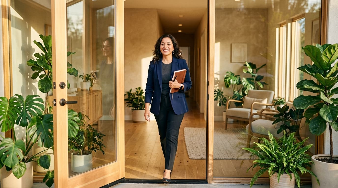 A Hispanic therapist walking confidently into a warm modern wellness office at golden hour through a glass door