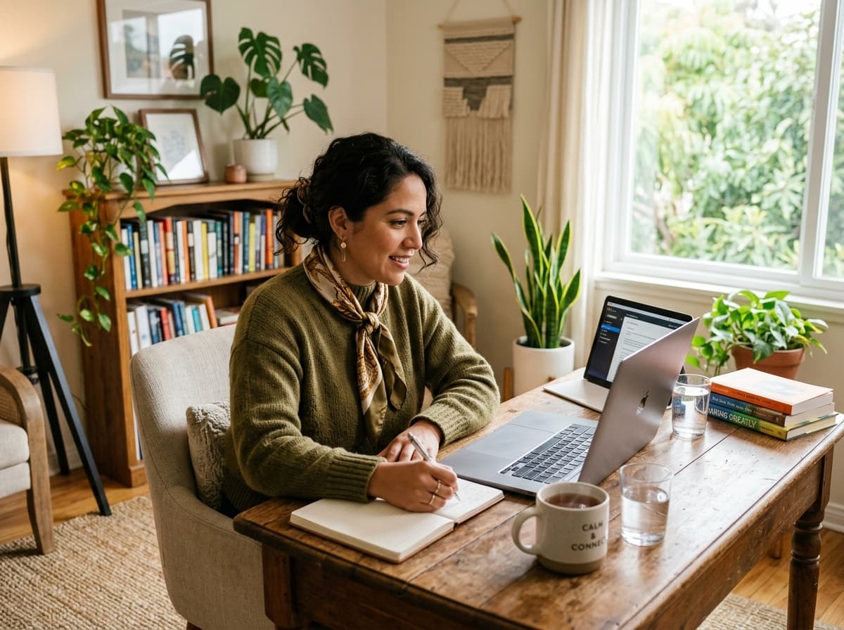 A Latina therapist working comfortably from a sunlit home office with notebook and mug of tea