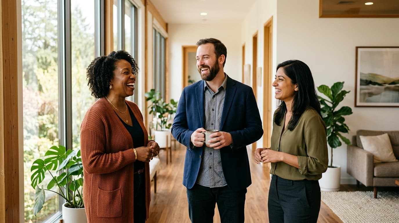 Three diverse therapists standing together mid-laugh in a warm modern wellness office, sunlight streaming through tall windows