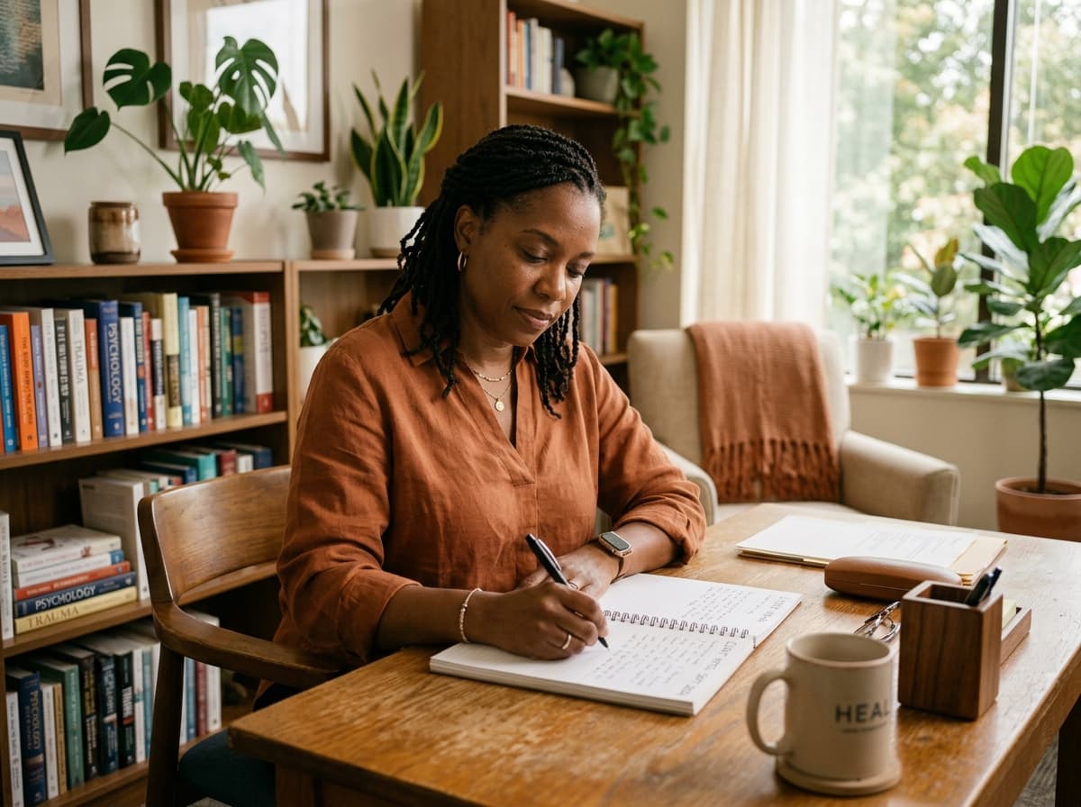 An African American therapist taking handwritten notes at a calm wooden desk in soft afternoon light