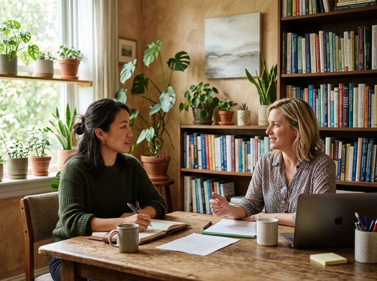 Two diverse therapists having a peer supervision conversation at a conference table, both engaged