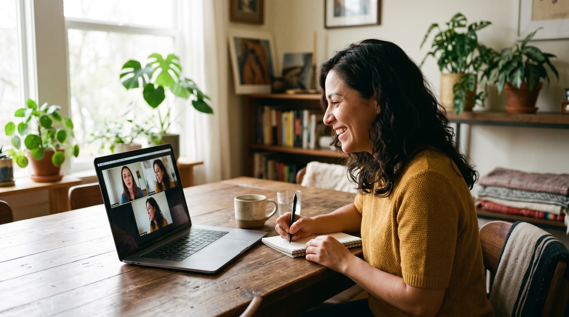A Hispanic woman engaged in a one-on-one video coaching session at her dining table, taking notes and energized