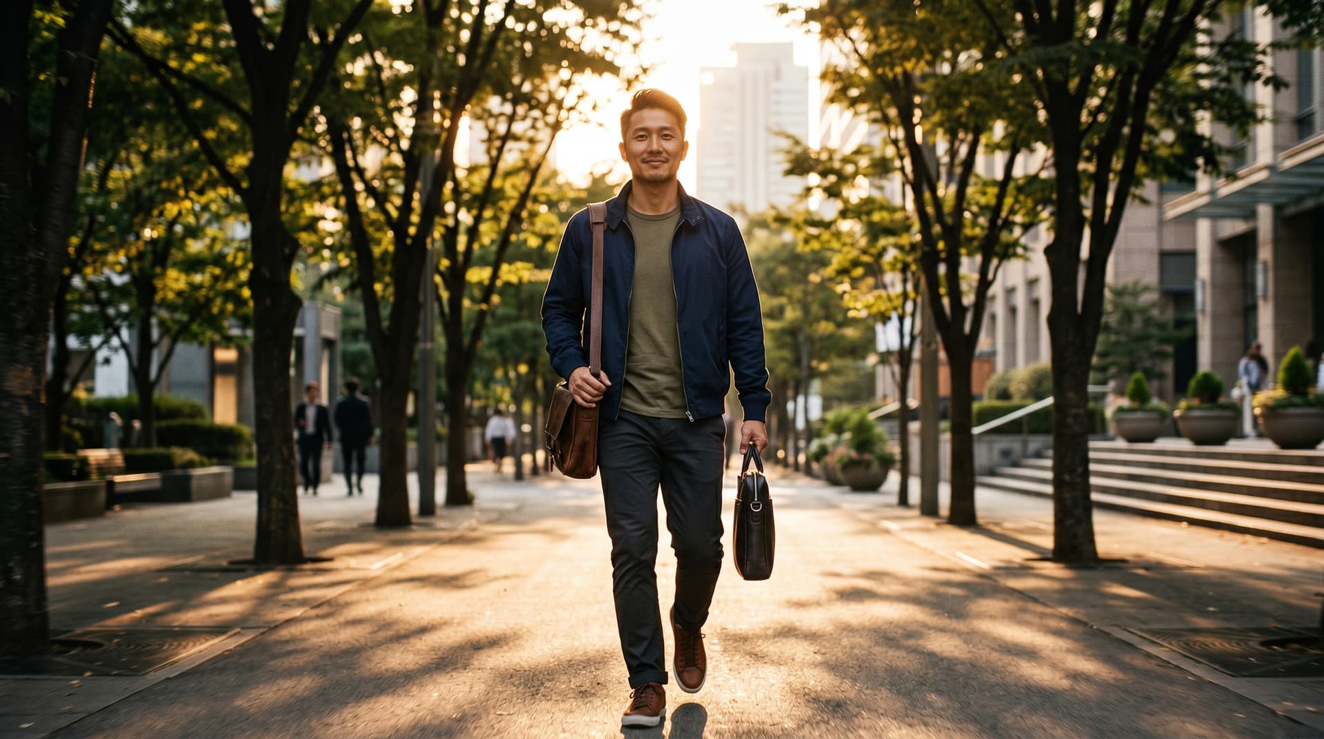 An East Asian man walking forward through a sun-dappled urban path with confident energy, hopeful and forward-looking