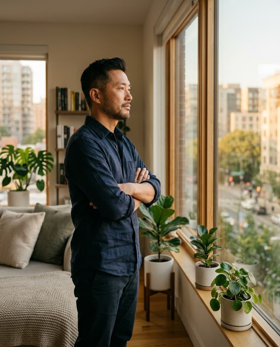 An East Asian man standing at a window with arms crossed, contemplating his next move