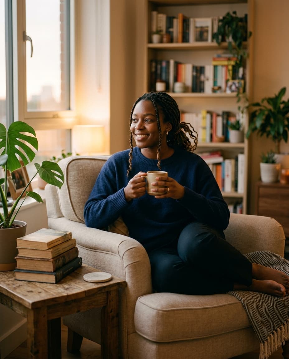 A young Black professional sitting peacefully in a comfortable armchair holding a warm mug, content and at ease