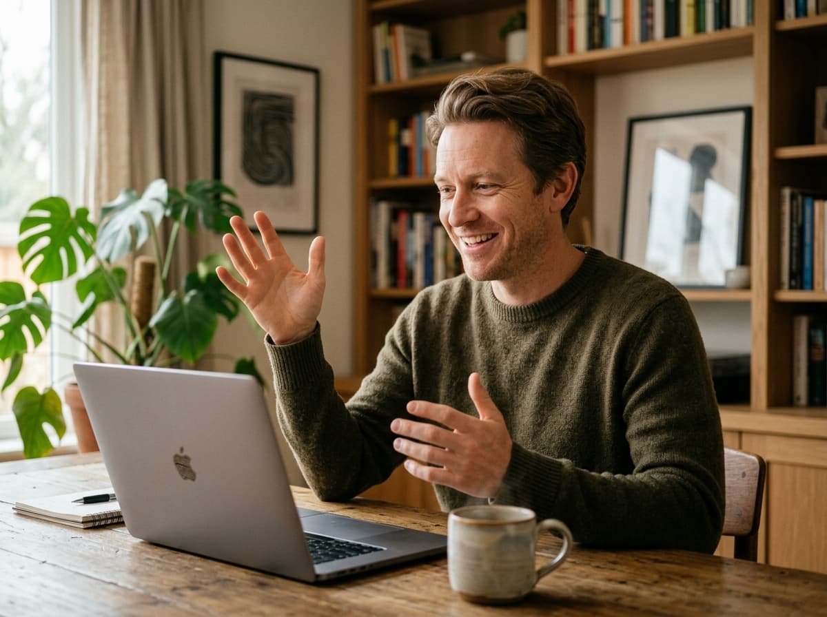 A man on a video discovery call gesturing as he describes his goals, smiling and engaged