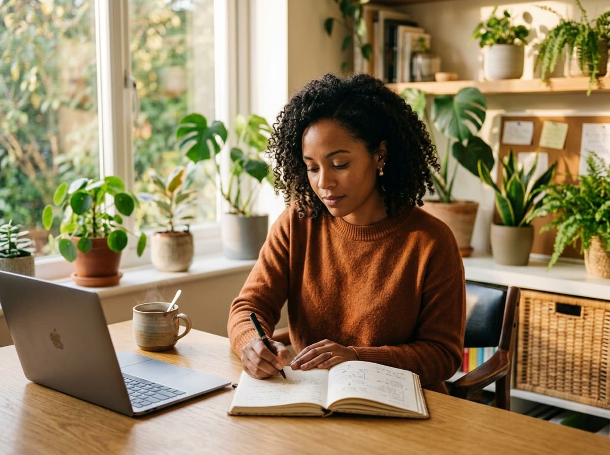 An African American woman writing in a planner with intention, mug of tea beside her, calm and decided