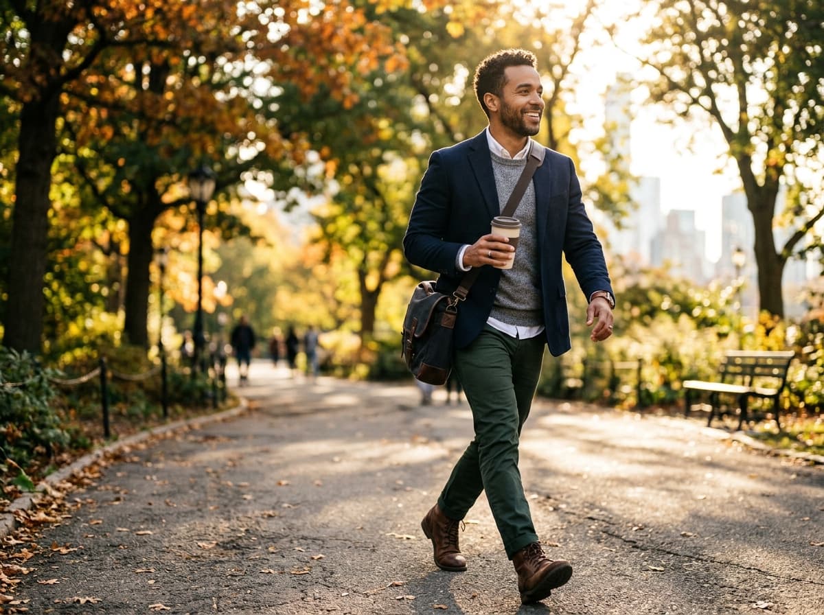 A mixed-ethnicity man walking briskly outdoors with coffee in hand, looking purposeful and energized